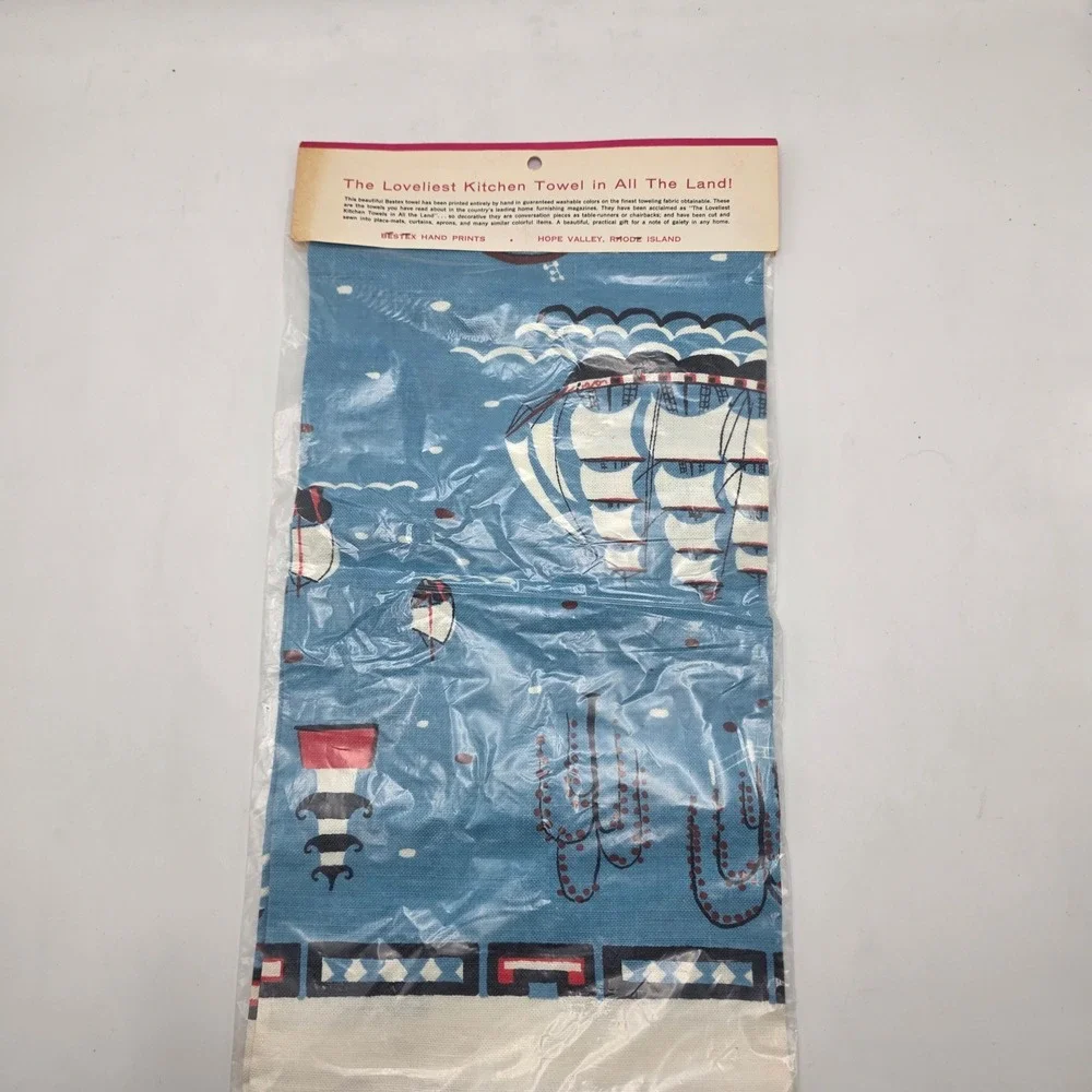 Kitchen Towel Vintage Nautical Sailing Ship Blue Mid Century Coastal Decor